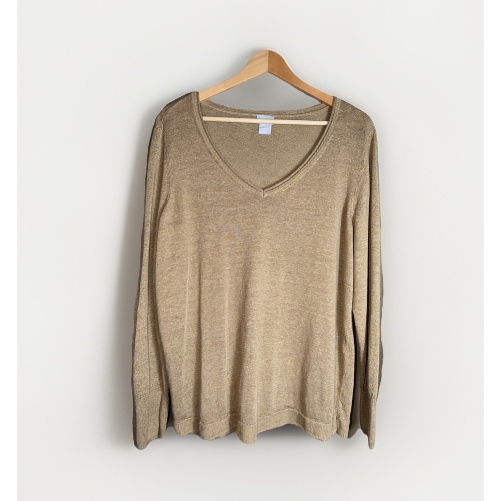 Chico's Tan Linen Blend Rolled V-Neck Long Sleeve Sweater Woman's Size Large